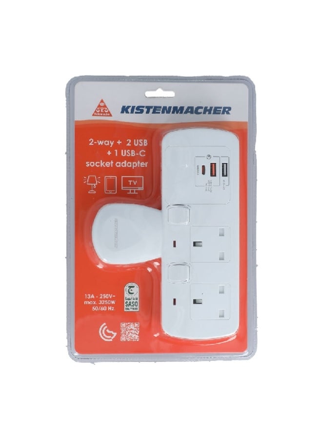 KISTENMACHER 3250W 2-Way 2-USB 1-USBC Socket Adapter White 5.1 x 13.6 x 19.5 cm EGK 602BUC - Image 1